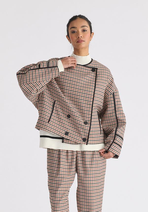 Double Breasted Check Jacket with Matching Scarf in Red, White and Black